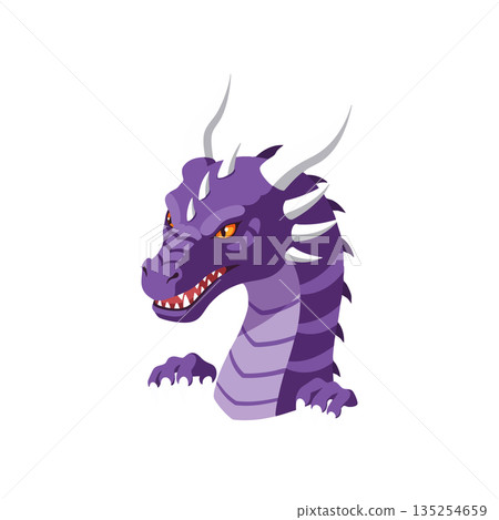 Purple dragon head with sharp teeth and white horns fantasy creature vector design illustration Purple dragon head with sharp teeth and white horns fantasy creature vector design illustration 135254659