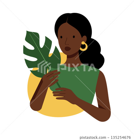 Woman holding large green tropical leaf with gold earrings and dark hair in vector style illustration Woman holding large green tropical leaf with gold earrings and dark hair in vector style illustration 135254676