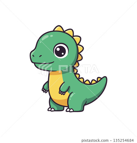 Cute green dinosaur cartoon character with yellow belly and spikes playful vector design for kids and children Cute green dinosaur cartoon character with yellow belly and spikes playful vector design for kids and children 135254684