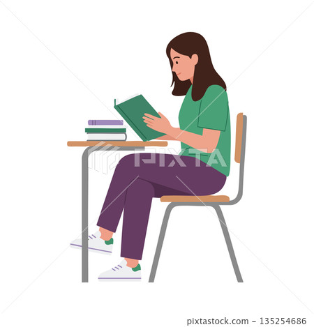Student reading book at wooden desk with purple pants and green shirt in casual study environment vector illustration Student reading book at wooden desk with purple pants and green shirt in casual study environment vector illustration 135254686