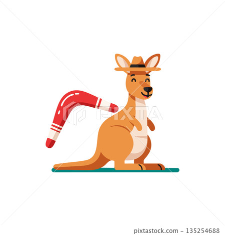 Kangaroo wearing brown hat with boomerang cartoon vector illustration in flat style 135254688