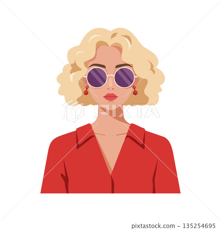 Woman with blonde curly hair wearing red blouse and round sunglasses stylish vector portrait illustration Woman with blonde curly hair wearing red blouse and round sunglasses stylish vector portrait illustration 135254695