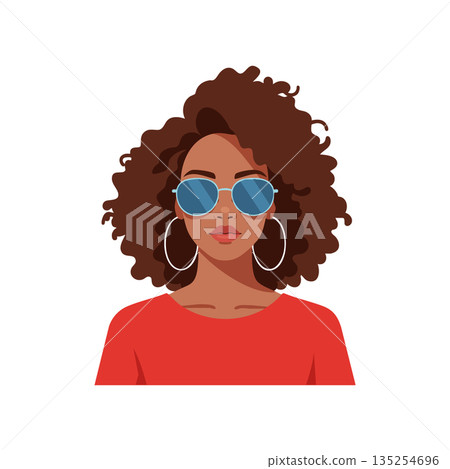 Woman with curly hair wearing blue sunglasses and red top vector portrait illustration 135254696