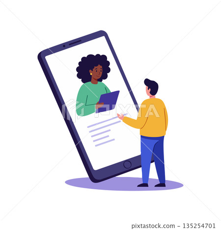 Smartphone video call with woman and man communicating remotely in digital connection technology concept Smartphone video call with woman and man communicating remotely in digital connection technology concept 135254701