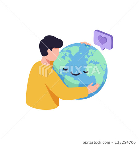 Man hugging smiling Earth globe with love symbol caring for planet environment vector illustration Man hugging smiling Earth globe with love symbol caring for planet environment vector illustration 135254706