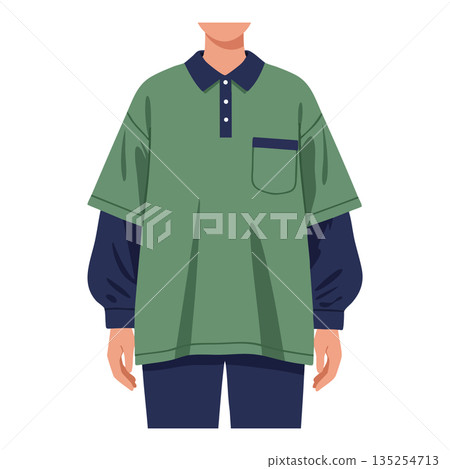 Person wearing loose green polo shirt with navy long sleeves in casual style vector illustration 135254713