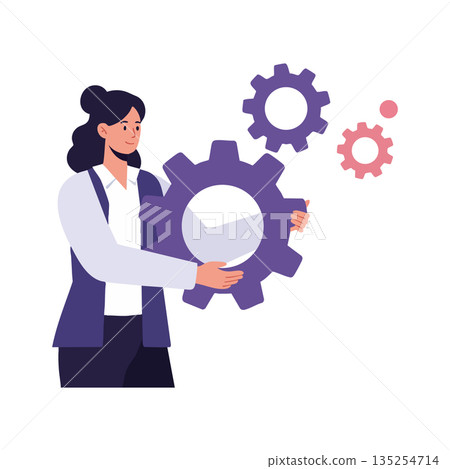 Woman holding purple gear with smaller gears floating technology concept vector illustration Woman holding purple gear with smaller gears floating technology concept vector illustration 135254714