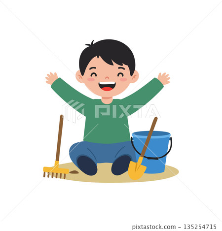 Happy little boy sitting on ground with garden tools and bucket in playful outdoor scene vector illustration Happy little boy sitting on ground with garden tools and bucket in playful outdoor scene vector illustration 135254715