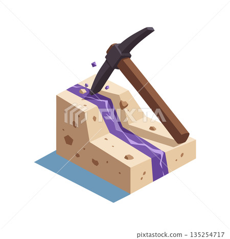 Pickaxe breaking rock with purple crystal vein mining vector illustration in isometric style for game or design projects 135254717