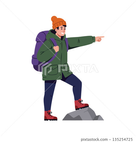 Hiker with backpack pointing forward in winter outfit outdoor adventure vector illustration Hiker with backpack pointing forward in winter outfit outdoor adventure vector illustration 135254725