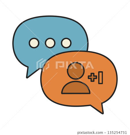 Communication and user addition speech bubbles vector illustration in blue and orange colors 135254731