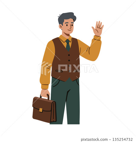 Businessman waving hand carrying briefcase standing vector illustration in brown and green outfit 135254732