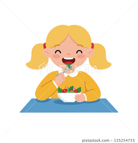 Happy little girl eating fresh vegetable salad at table cheerful lifestyle vector 135254733