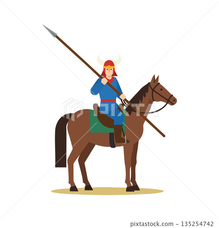 Viking warrior with spear riding horse in traditional helmet and blue outfit vector illustration Viking warrior with spear riding horse in traditional helmet and blue outfit vector illustration 135254742