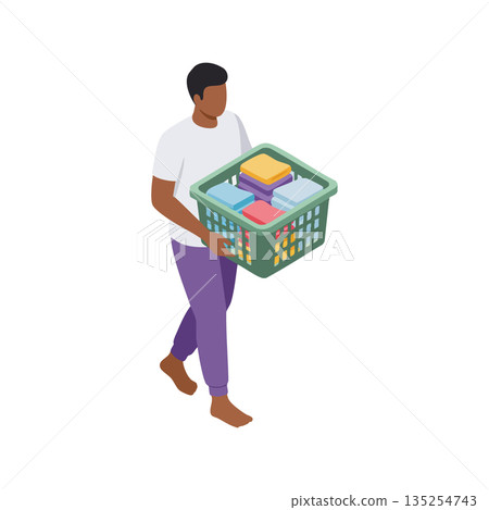 Man carrying laundry basket with folded clothes in casual home setting barefoot vector illustration Man carrying laundry basket with folded clothes in casual home setting barefoot vector illustration 135254743