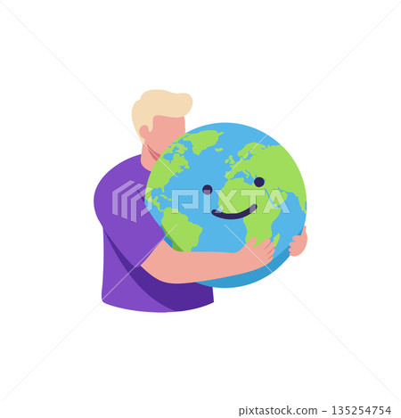 Man hugging smiling earth globe symbol for environment care and global protection vector illustration Man hugging smiling earth globe symbol for environment care and global protection vector illustration 135254754
