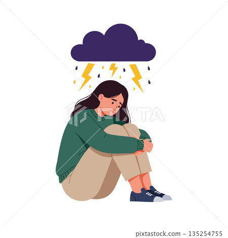 Sad woman sitting under storm cloud with lightning and rain showing depression and anxiety vector illustration 135254755
