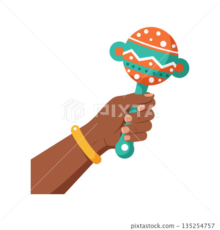 Hand holding colorful maraca musical instrument in simple flat style vector illustration for music and celebration concepts 135254757