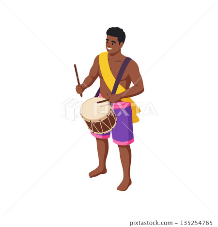 Man playing traditional drum with stick in colorful clothing and yellow sash vector illustration Man playing traditional drum with stick in colorful clothing and yellow sash vector illustration 135254765