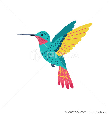 Hummingbird colorful flying bird with teal blue yellow and pink feathers vector illustration design Hummingbird colorful flying bird with teal blue yellow and pink feathers vector illustration design 135254772