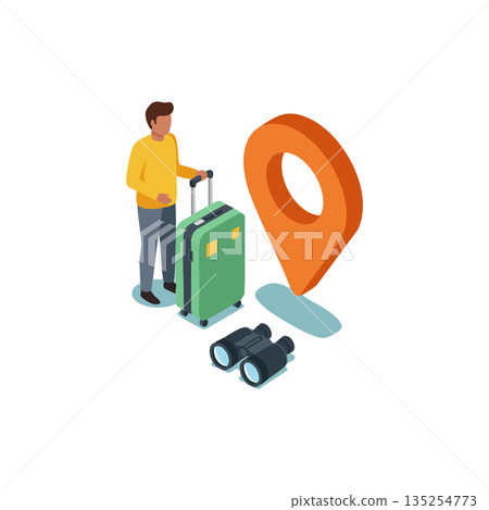 Traveler with suitcase and binoculars next to large orange location pin symbolizing navigation and travel planning vector illustration 135254773