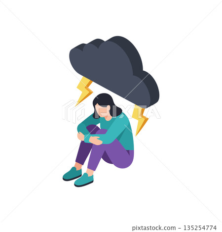 Woman sitting under dark cloud with lightning expressing sadness and depression vector illustration Woman sitting under dark cloud with lightning expressing sadness and depression vector illustration 135254774