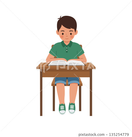 Boy sitting at wooden desk reading book focused on study education learning vector illustration Boy sitting at wooden desk reading book focused on study education learning vector illustration 135254779