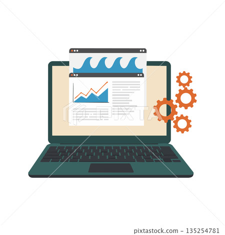 Laptop computer with data analytics charts and gear wheels showing system settings and optimization for business efficiency vector illustration Laptop computer with data analytics charts and gear wheels showing system settings and optimization for business efficiency vector illustration 135254781