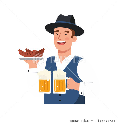 Man in traditional hat holding sausages and two mugs of beer celebrating Oktoberfest festival fun and joy Man in traditional hat holding sausages and two mugs of beer celebrating Oktoberfest festival fun and joy 135254783