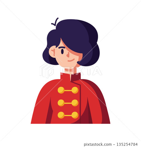 Young woman with short dark hair wearing red coat with golden buttons vector illustration 135254784