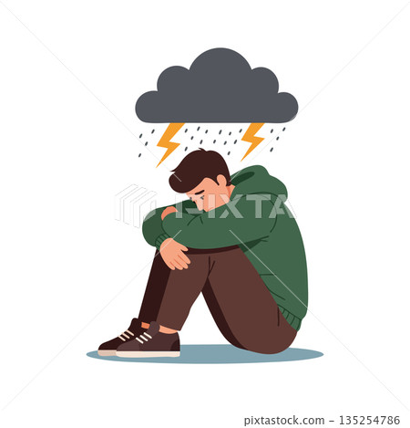 Sad man sitting with head down under storm cloud with lightning and rain vector illustration of depression and loneliness 135254786