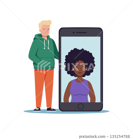 Man Wearing Green Hoodie Standing Next to Smartphone Displaying Woman with Afro Hairstyle in Purple Top VECTOR 135254788