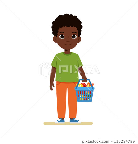 Young boy holding shopping basket with groceries in casual green shirt and orange pants standing isolated vector illustration 135254789