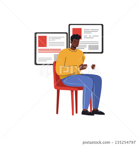 Young man sitting on chair reading documents with information boards behind him vector illustration Young man sitting on chair reading documents with information boards behind him vector illustration 135254797