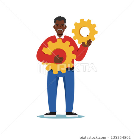 Man holding yellow gears standing and smiling in casual clothing vector illustration Man holding yellow gears standing and smiling in casual clothing vector illustration 135254801