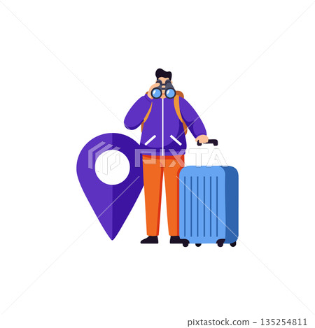 Traveler with binoculars and suitcase near location pin icon for travel and adventure concepts vector illustration 135254811