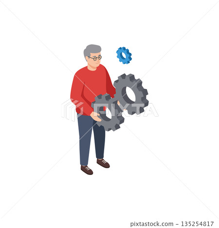 Elderly man holding mechanical gears in red sweater and blue pants vector illustration for engineering and technology concepts Elderly man holding mechanical gears in red sweater and blue pants vector illustration for engineering and technology concepts 135254817