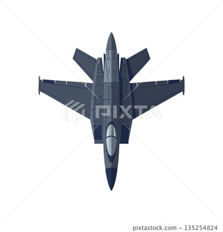 Military fighter jet top view vector illustration in dark blue and gray color scheme for aviation design projects and technology themes Military fighter jet top view vector illustration in dark blue and gray color scheme for aviation design projects and technology themes 135254824