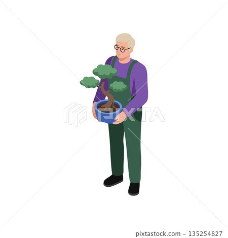 Elderly man holding bonsai tree in pot wearing glasses and purple sweater vector illustration Elderly man holding bonsai tree in pot wearing glasses and purple sweater vector illustration 135254827