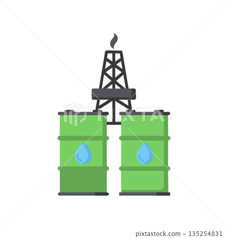 Oil barrels and oil rig vector illustration showing energy resource and industrial equipment in green color for environmental impact concept 135254831