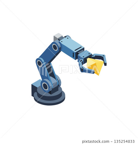 Industrial robotic arm holding yellow cube automation technology machinery equipment design vector 135254833