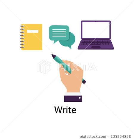 Hand holding pen writing with notebook speech bubbles and laptop icons for communication and work tasks vector illustration Hand holding pen writing with notebook speech bubbles and laptop icons for communication and work tasks vector illustration 135254838