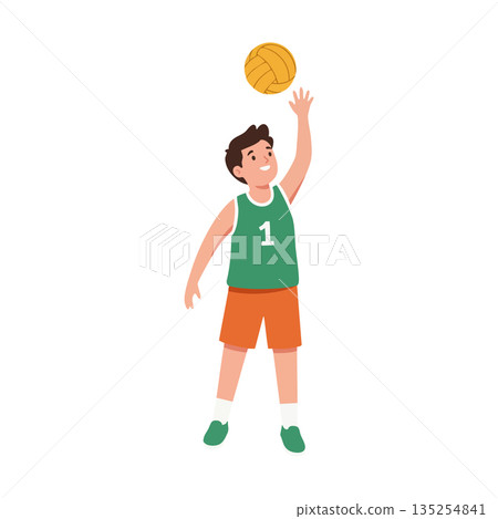 Boy playing basketball in green jersey and orange shorts shooting ball upwards vector illustration 135254841