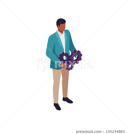 Businessman holding purple gears as symbols of teamwork and engineering in modern vector design illustration 135254865