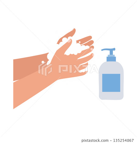 Hand washing hygiene with soap dispenser and lathered hands illustration for cleanliness and health care routine Hand washing hygiene with soap dispenser and lathered hands illustration for cleanliness and health care routine 135254867