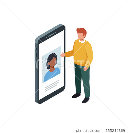 Man using smartphone with video call screen showing woman in blue top vector technology concept Man using smartphone with video call screen showing woman in blue top vector technology concept 135254869