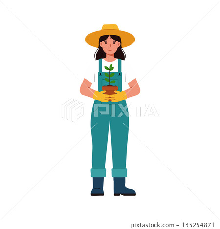 Woman gardener holding plant in pot wearing hat gloves and overalls vector illustration Woman gardener holding plant in pot wearing hat gloves and overalls vector illustration 135254871