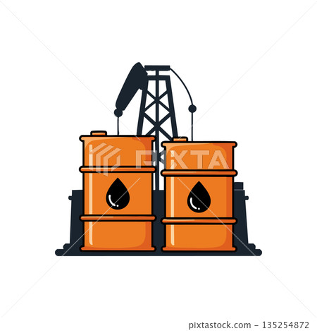 Oil barrels with pump jack silhouette vector illustration for energy industry and petroleum production design Oil barrels with pump jack silhouette vector illustration for energy industry and petroleum production design 135254872