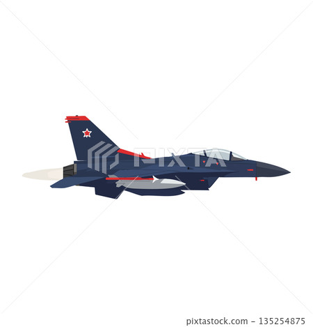 Military jet fighter aircraft with red and blue camouflage and star insignia vector design for aviation technology and defense systems Military jet fighter aircraft with red and blue camouflage and star insignia vector design for aviation technology and defense systems 135254875