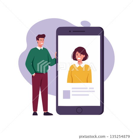 Young man standing beside large smartphone showing female profile on screen in flat vector design Young man standing beside large smartphone showing female profile on screen in flat vector design 135254879